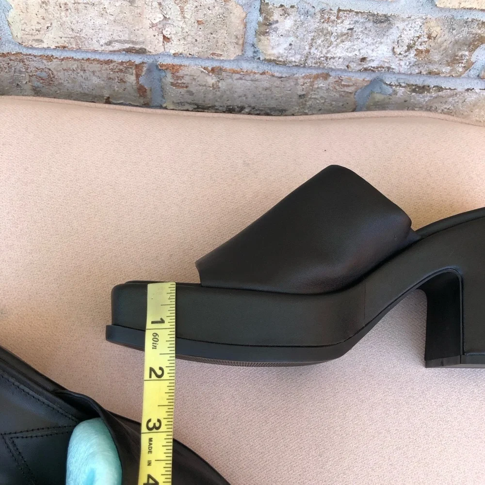 Zara Black Leather Chunky Heel Squared Toe Versatile Slip On Platform Shoes‎ 42